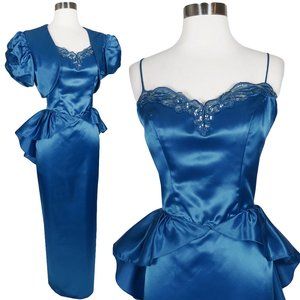 Vintage 80s Blue Satin Peplum Long Sheath Maxi Dress M 2 Piece Bolero Jacket